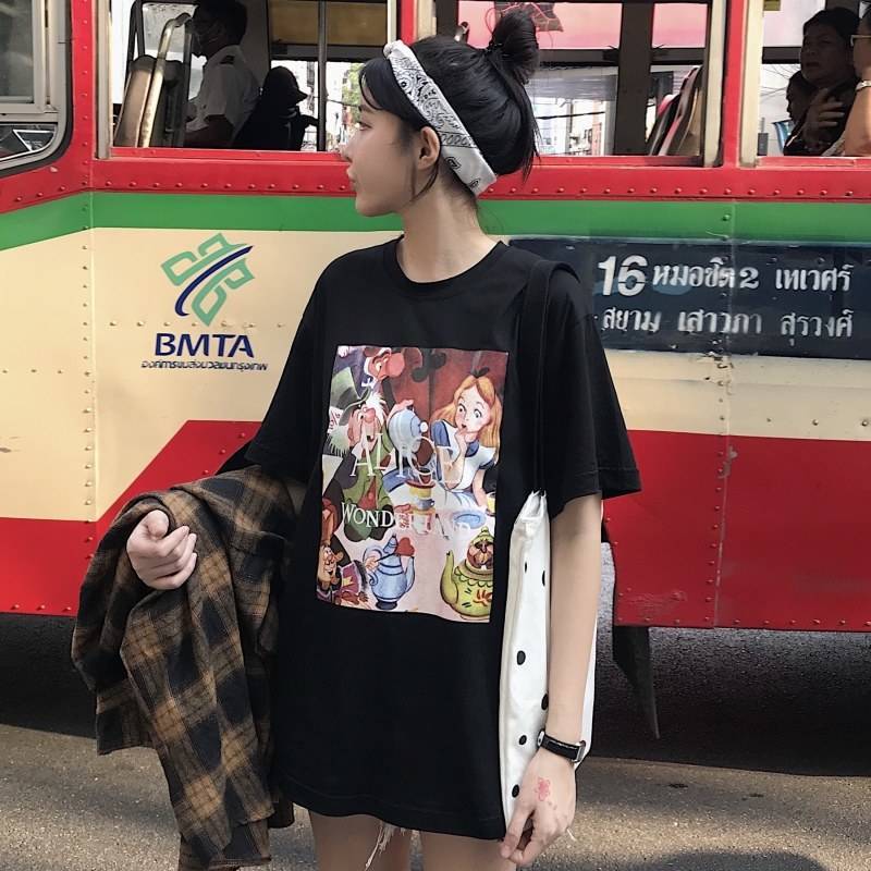 [L&Q]                         100% cotton Korean tops anime Snow White Seven Dwarfs printed oversized shirt for women