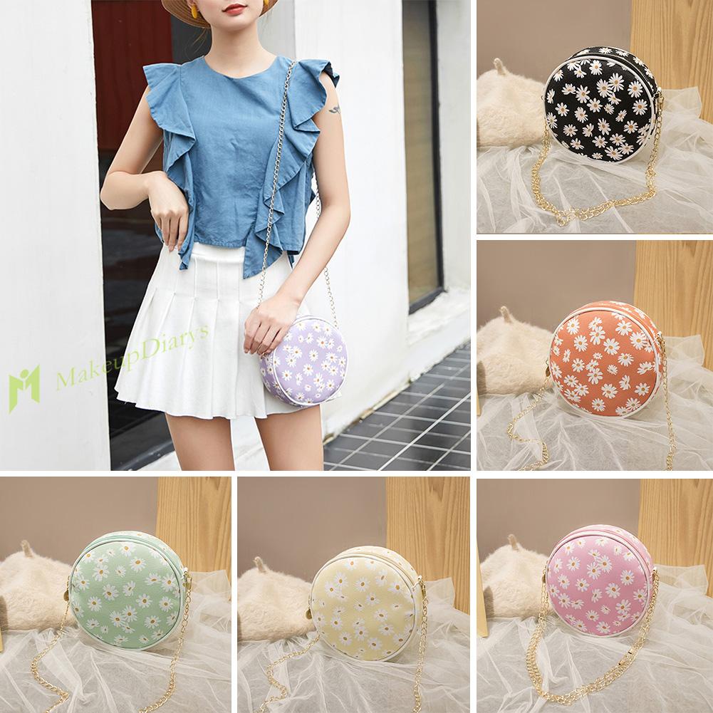 Túi Da Pu Đeo Chéo Hình Tròn Họa Tiết Hoa Cúc Nhỏ Xinh Thời Trang Cho Nữ