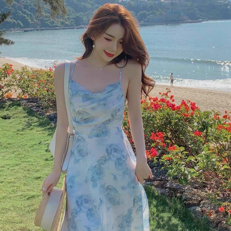 Đầm voan hoa 2 dây mocking lưng phong cách Retro