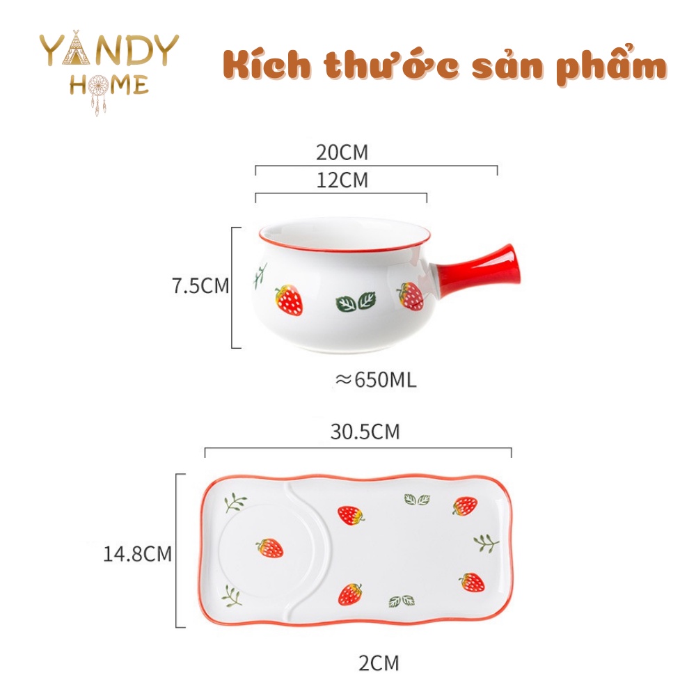 Bộ bát sứ có tay cầm kèm đĩa chữ nhật YANDY HOME BB08 quánh có dĩa gốm men cao cấp