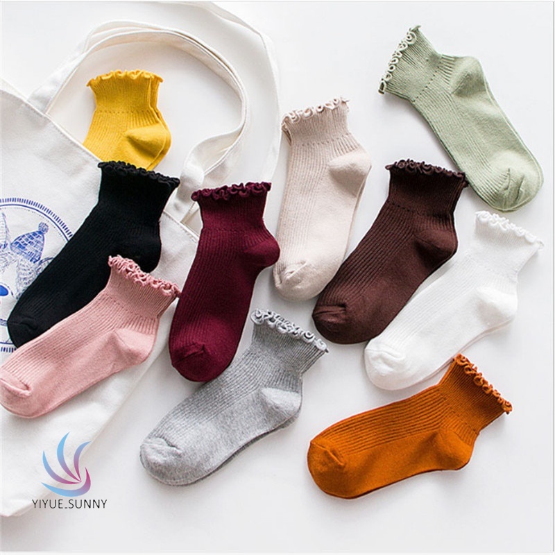 Thời Trang Vớ Cotton Mềm Màu Trơn Phối Ren Nhún Bèo Dễ Thương Chất Lượng Cao Cho Nữ