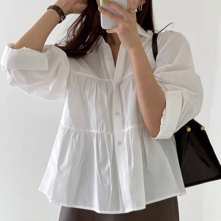 áo babydoll trắng tiểu thư cổ V hàng QC A333 .Áo sơ mi nữ cột nơ công sở hót 2021 loại 1