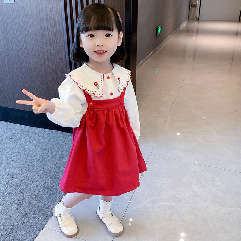 Set Áo Sơ Mi Tay Phồng Thêu Họa Tiết + Đầm Yếm Thời Trang Mùa Thu Xinh Xắn Cho Bé Gái