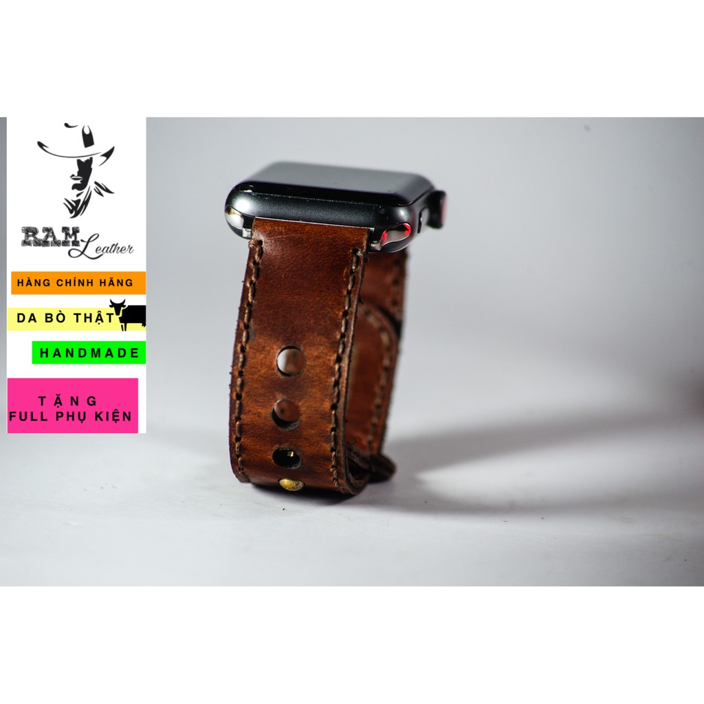 Dây đồng hồ Apple Watch , Iwatch , Iphone Watch Da Bò Nâu Đỏ RAM Leather Sang Trọng  Bền Đẹp