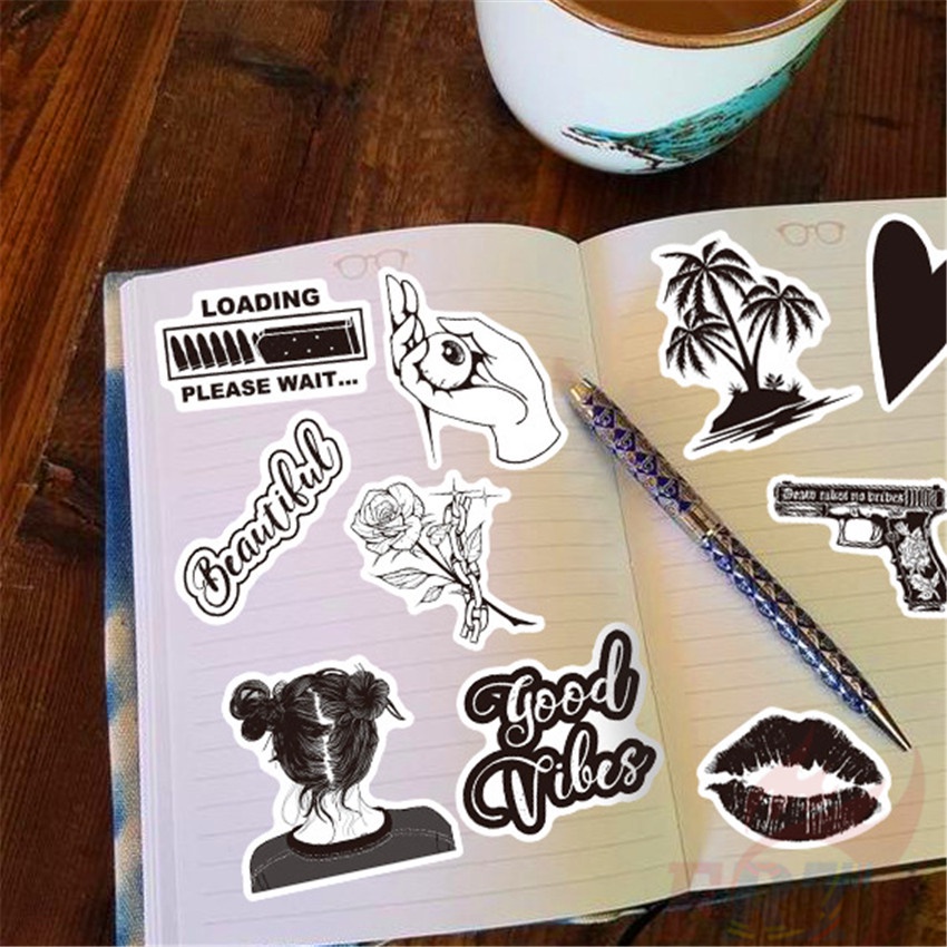 ❉ Bộ 01 Sticker Dán Trang Trí Hình Nghệ Thuật Màu Trắng Đen Kiểu Cổ Điển ❉ Set 50 Sticker Họa Tiết Doodle Thời Trang Dùng Để Trang Trí Ván Trượt / Laptop / Vali