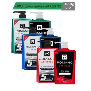 Combo dầu gội sạch gàu 5in1 romano 650g + sữa tắm hương nước hoa romano 650g