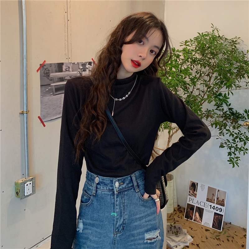 Áo thun tay dài cổ cao thời trang Hàn Quốc dành cho nữ