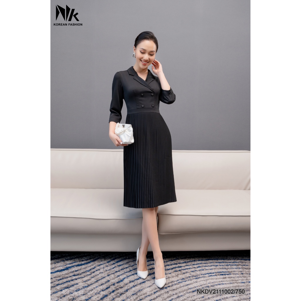 Váy Xếp Ly Dáng Dài Nữ NK Fashion Thiết Kế Cổ Vest Liền Tay Lỡ Có Lớp Lót Chất Vải Hàn Nhập Cao Cấp NKDV2110002