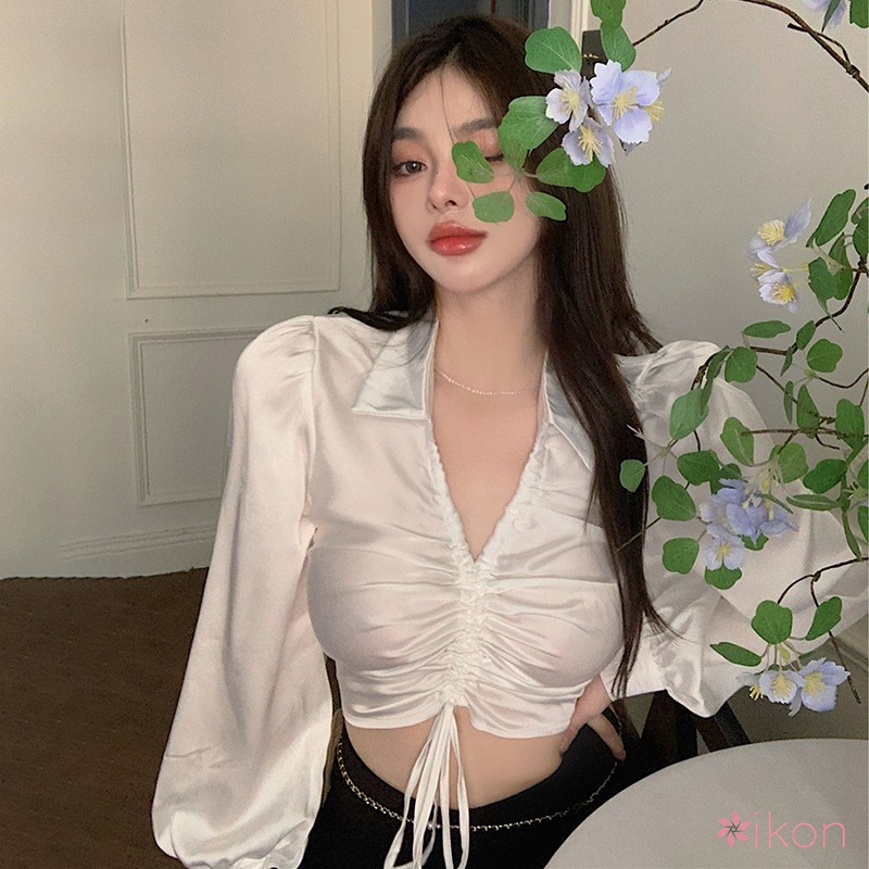 Áo Croptop Tay Dài Cổ Chữ V Màu Sắc Thanh Lịch