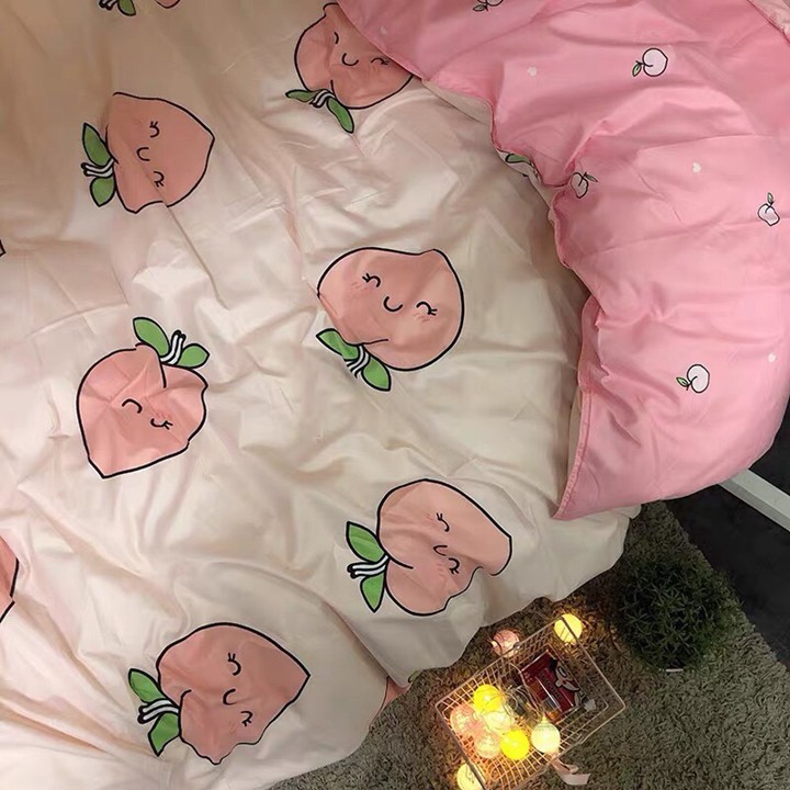 Bộ chăn ga gối drap giường chất cotton poly họa tiết đào hồng