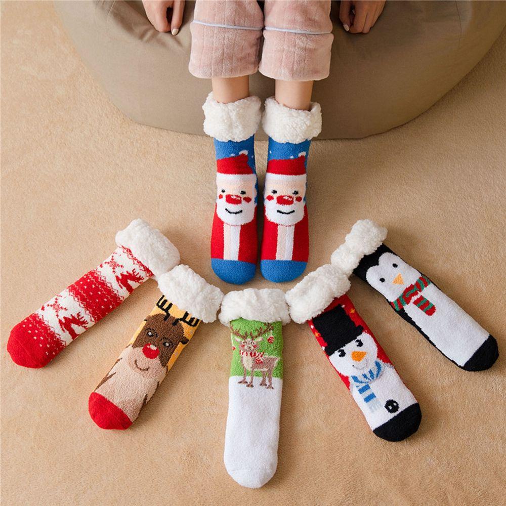 Vớ Lông Cừu San Hô Dày Dặn Chống Trượt Họa Tiết Ông Già Noel / Chim Cánh Cụt / Ông Già Noel Lấp Lánh Cho Nữ