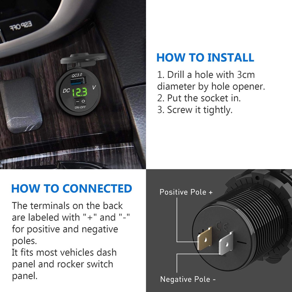 Tẩu sạc USB QC 3.0 có led và công tắc bật/tắt sạc nhanh 18W 12V cho xe máy/ ô tô/ thuyền