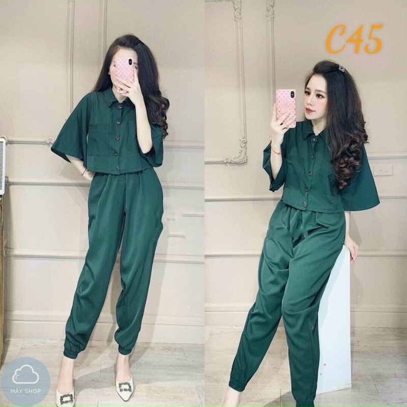 {Freeship} Set Bộ Áo Sơ Mi Quần Dài Rộng Ống Bo Thể Thao năng động