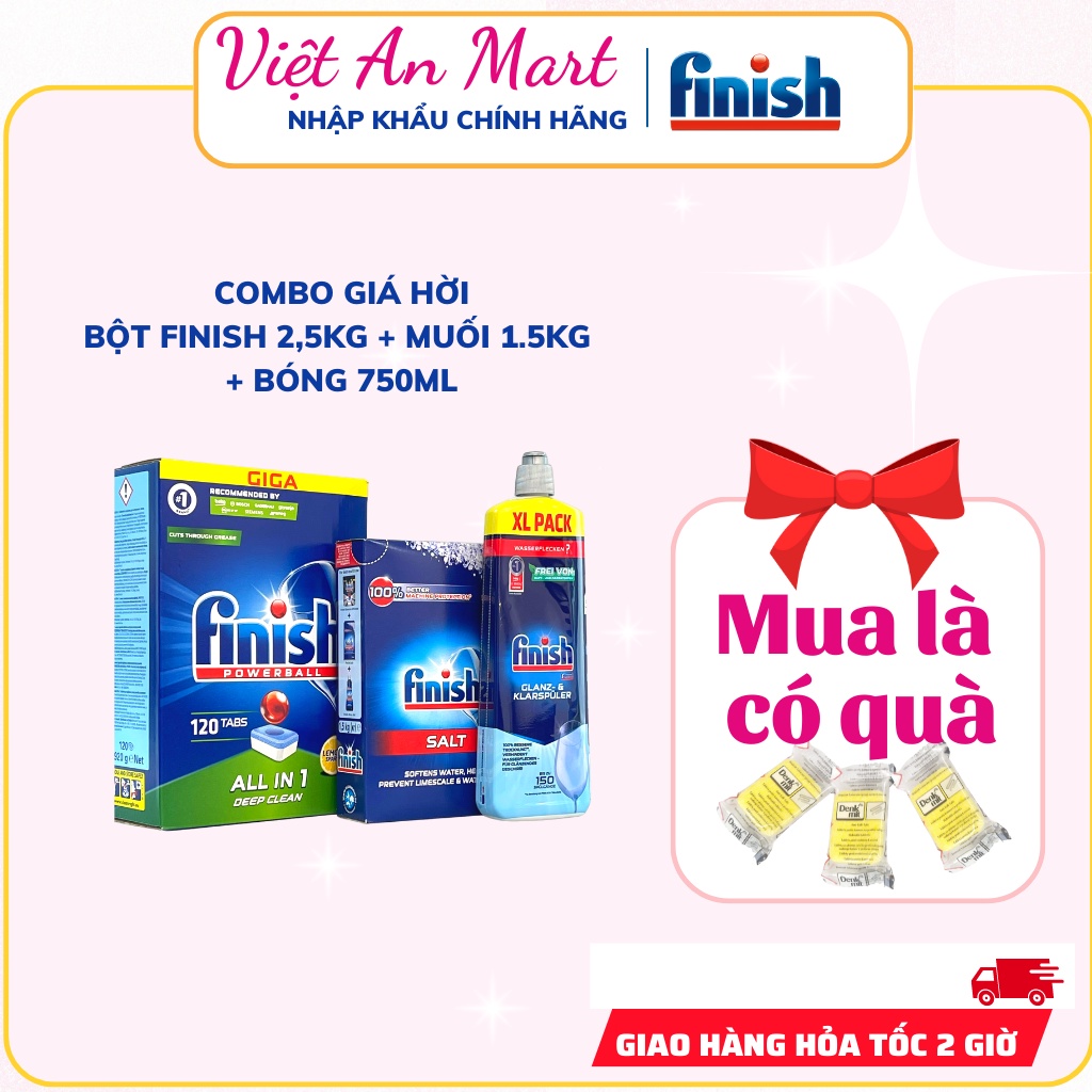 Combo viên rửa bát Finish all in one 86v + muối Finish 1.5kg+ nước bóng 800ml