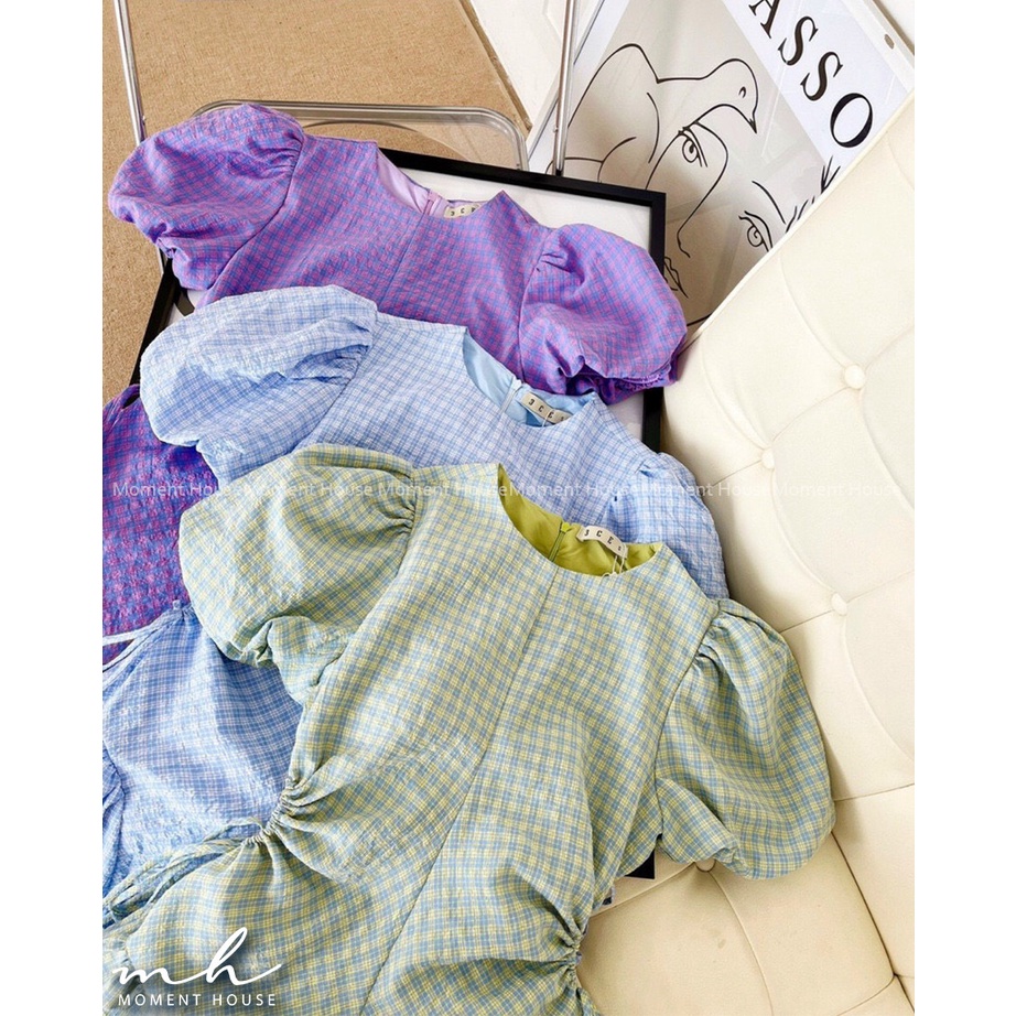 MINT DRESS - Đầm tay bồng, khoét tròn rút dây 2 eo, xếp ly hông siêu hack dáng, họa tiết caro, hàng thiết kế may 2 lớp