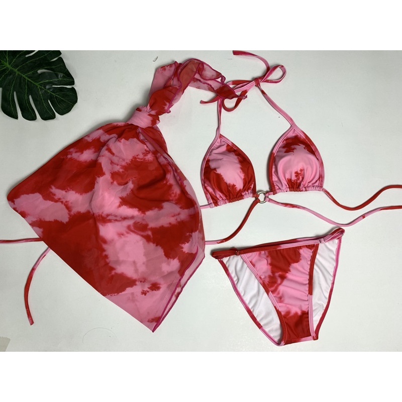 Bikini đồ bơi đi biển set 3 món loang đỏ kèm khăn quấn BM-009