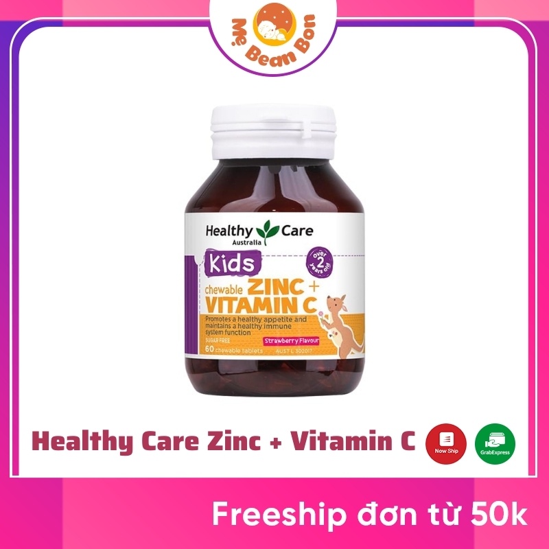 Viên nhai bố sung kẽm Healthy Care Zinc + Vitamin C (60v), Úc