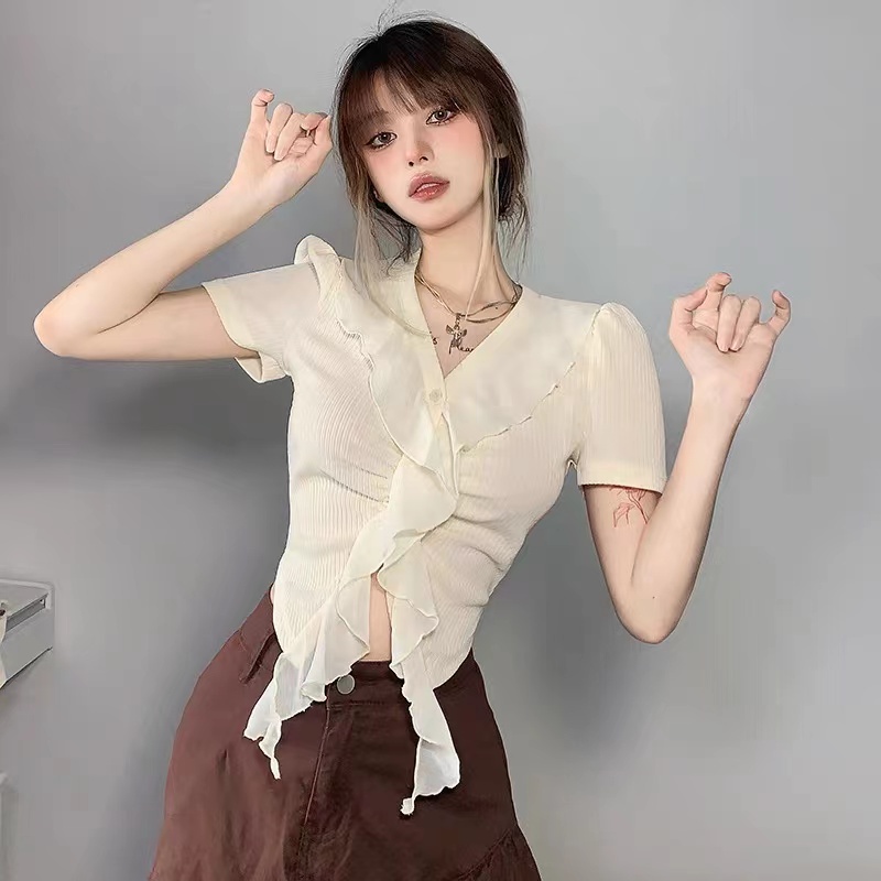 Áo thun BH peplum ngắn tay cổ chữ V gợi cảm kiểu Pháp cho nữ