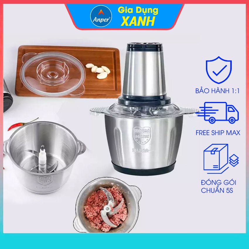 Máy xay thịt đa năng cối Inox 304 dung tích 2L 4 lưỡi dao bằng thép  sinh tố  tỏi  tiêu thức ăn sunhouse