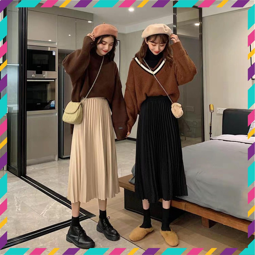 CHÂN VÁY XẾP LI MIDI MÀU BE MÀU ĐEN ULZZANG HOT