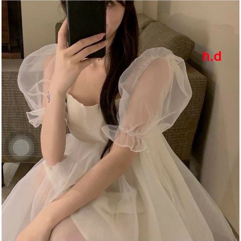 Váy Babydoll tơ von tay phồng Nơ Lưng phong cách tiểu thưĐầm nữ dáng xòe Vintage maxi Hàn Quốc sang chảnh 2 lớp rẻ nhất