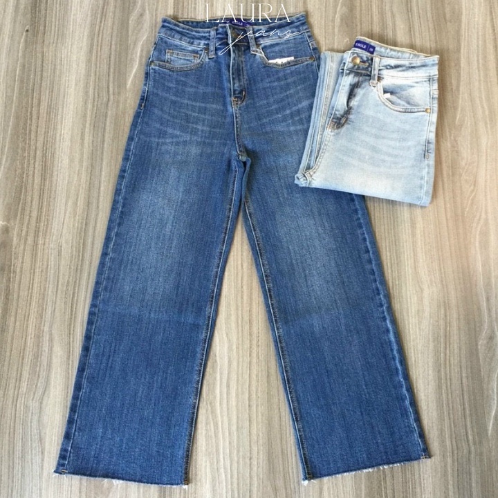 Quần Jeans Nữ Ống Rộng Phom Suông Cơ Bản Lưng cao chất liệu denim bò co giãn Gấu Tua rua Cao cấp Laura Jeans SJN08.