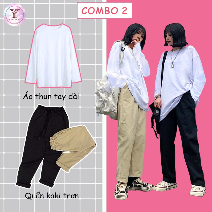Combo áo thun tay dài + quần kaki trơn Phong cách Hàn Quốc(Unisex Form rộng)