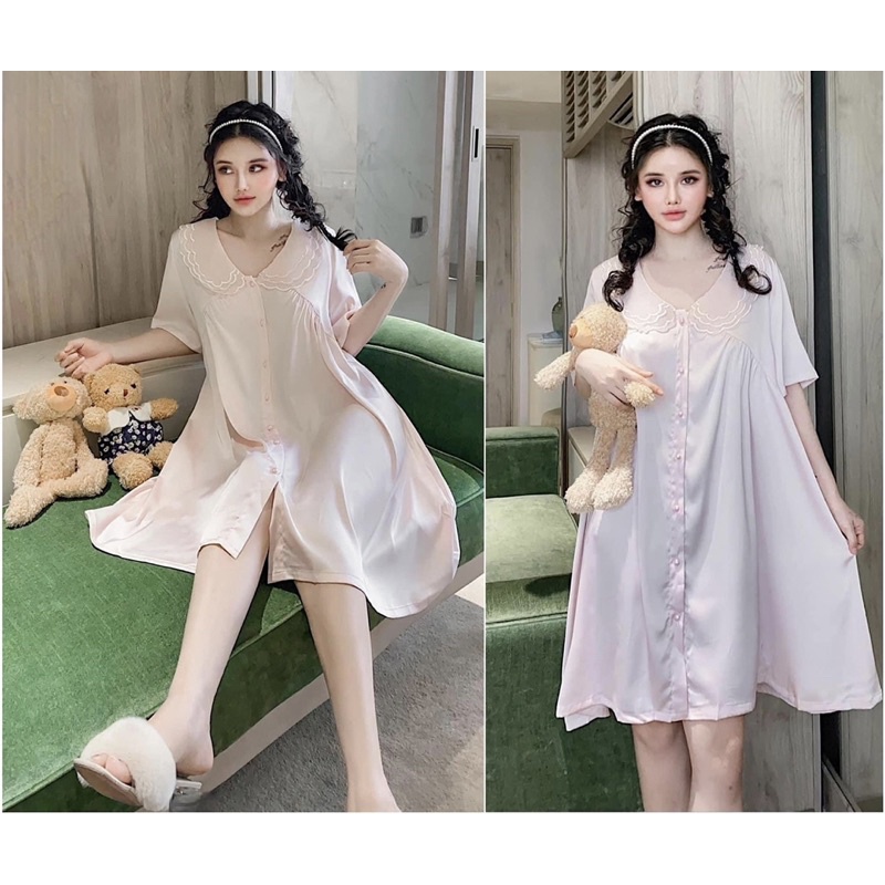 Đầm váy tay ngắn cổ thêu LỤA LATIN sang trọng mặc nhà chuẩn QCCC