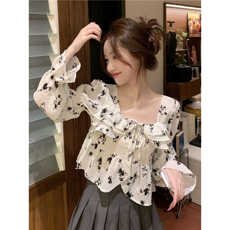 ZHELIHANGFEI Áo Kiểu Tay Phồng Cổ Vuông Phối Bèo Phong Cách Pháp