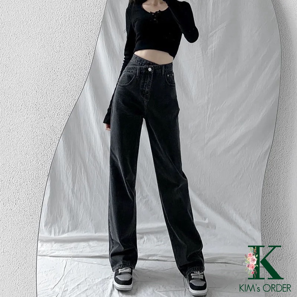Quần Jeans Ống Suông Nữ Cạp Lệch Màu Đen Ống Dài Lưng Cao Phom Rộng Phong Cách Ulzzang Hàn Quốc Cá Tính Sành Điệu Loại 1