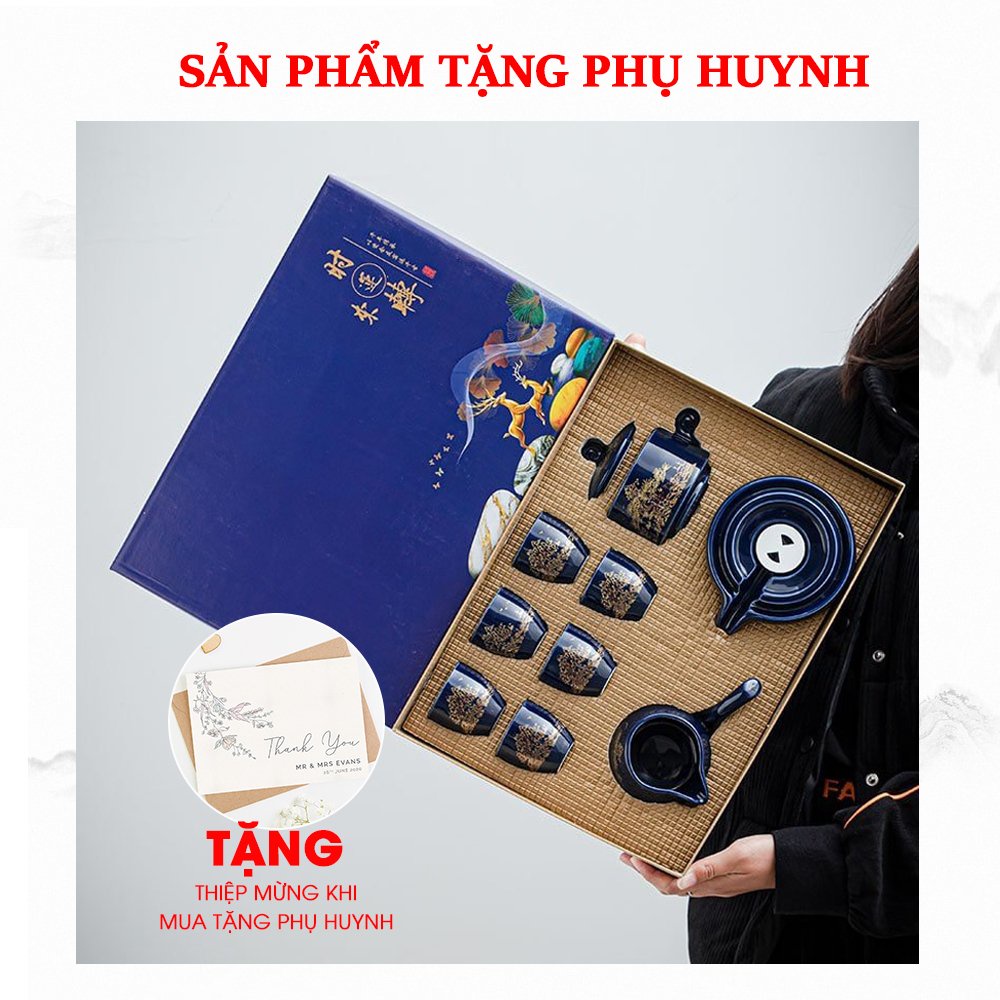 Bộ ấm trà cối xay TAM NHÃ ấm chén men sứ cap cấp quà tặng cho người yêu trà đạo