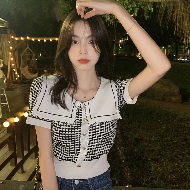 Áo dệt kim tay ngắn cổ búp bê thời trang mùa hè mới 2021 cho nữ