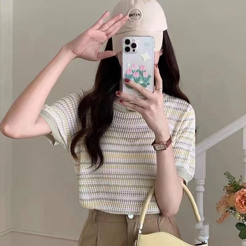 Áo Thun Mỏng Tay Ngắn Kẻ Sọc Thời Trang Mùa Hè 2022 Cho Nữ