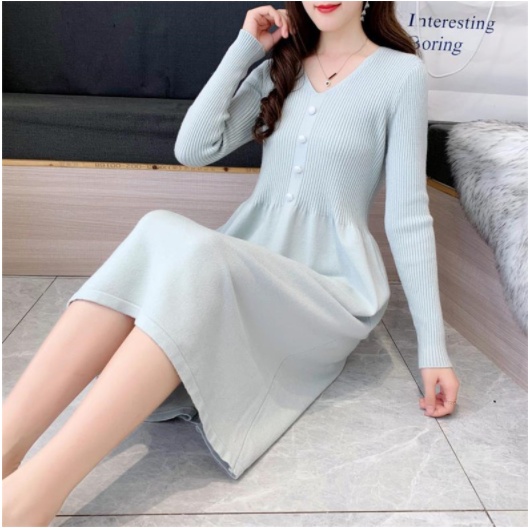 Đầm len cổ chữ v dáng dài qua gối trẻ trung mặc đi chơi, dự tiệc thời trang thu đông