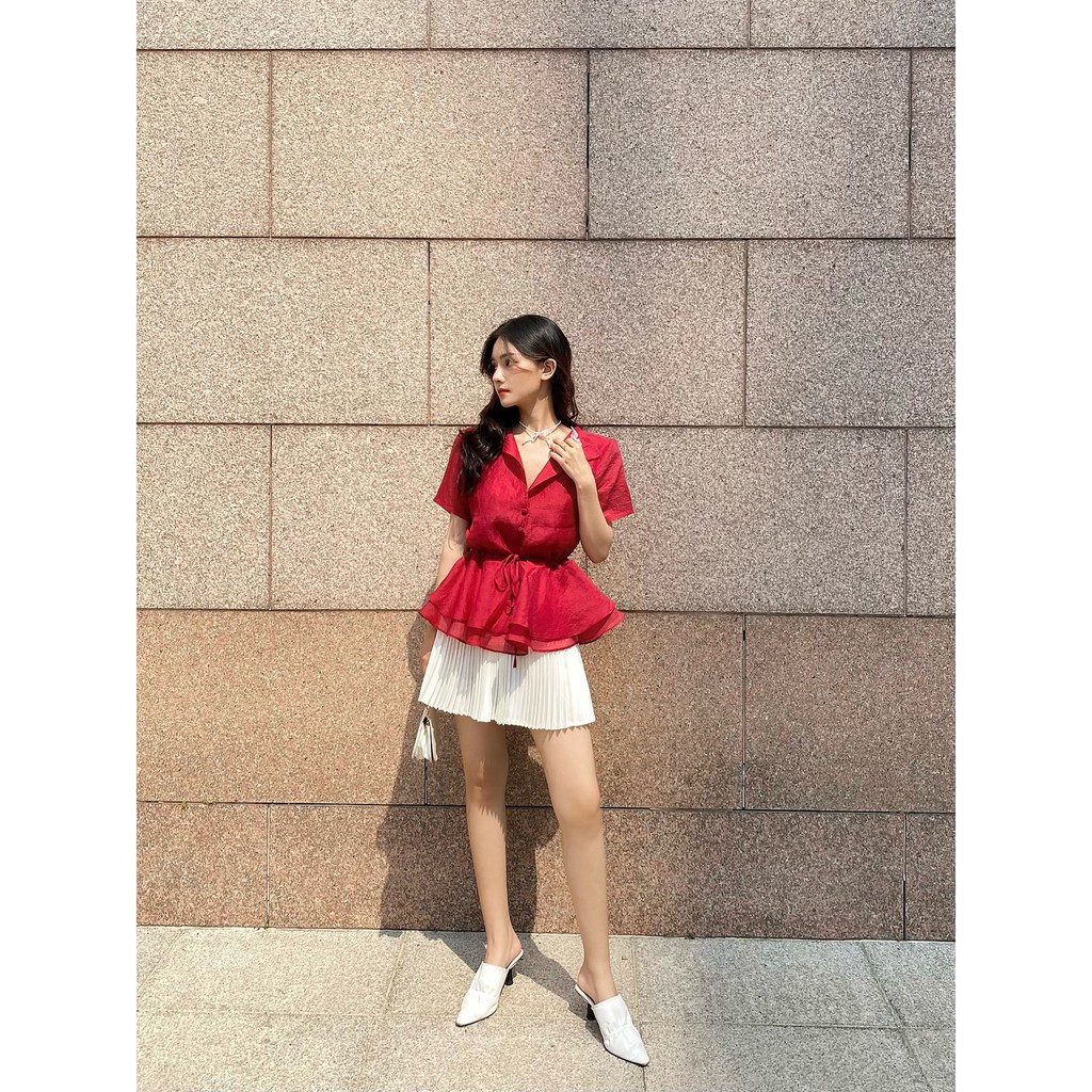 TUBYCATU | Áo organza đỏ cổ bẻ rút eo
