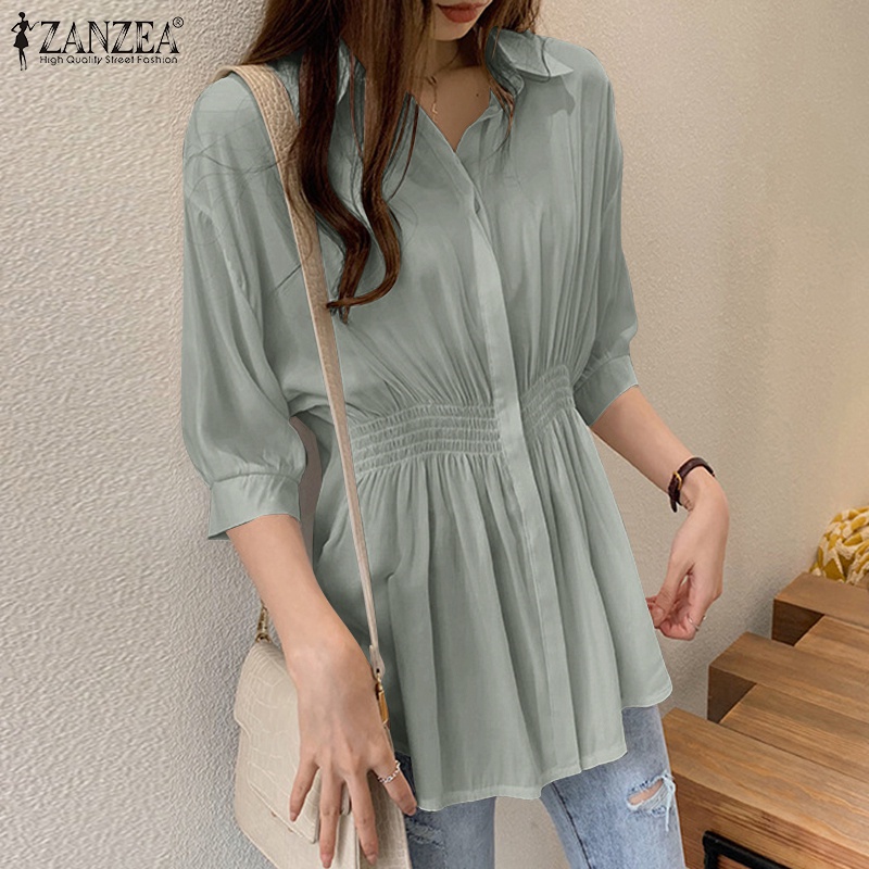 Áo sơ mi kiểu ZANZEA tay lỡ 3/4 cổ bẻ thời trang dành cho nữ