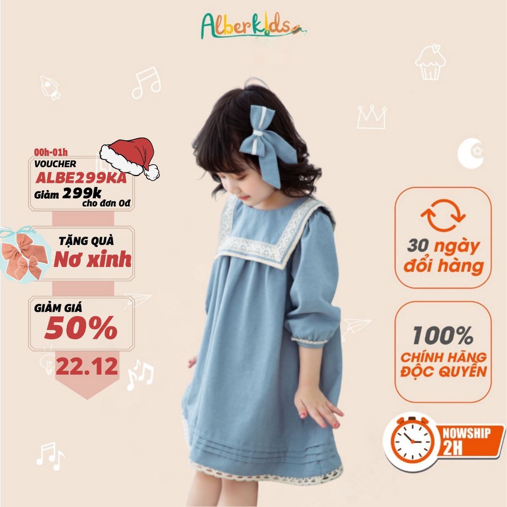 Váy bé gái ALBERKIDS tay dài Lola xanh lam công chúa xinh đẹp cho trẻ em gái từ 2,3,4,5,6,7,8,9,10,11,12 tuổi [V31]