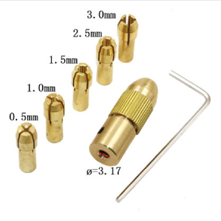 Bộ 5 đầu kẹp mũi khoan 0.5mm đến 3mm, trục 5mm; 3,17mm; 2,35mm; 2mm chuyên kẹp mũi khoan chế máy khoan cầm tay mini...