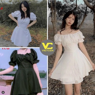 Váy trễ vai tiểu thư tay bồng đầm xòe cổ vuông buộc nơ lưng 2 màu đen trắng vintage dễ thương - vietcen