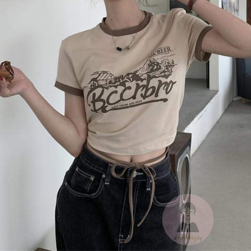 Áo Thun Ngắn Tay Dáng Rộng In Chữ Phối Dây Cột Thời Trang Mùa Hè Cho Nữ