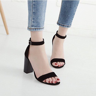 Giày sandal nữ cao gót vuông 7p bản ngang đen - kèm ảnh thật