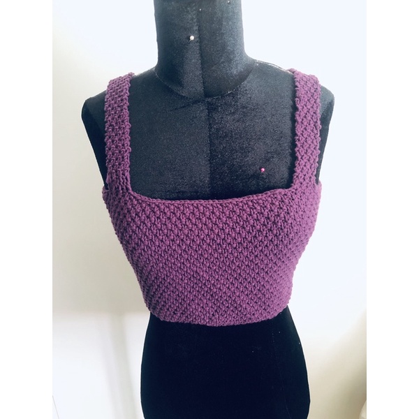 Áo croptop áo hai dây bản to len móc hot trend màu tím đậm