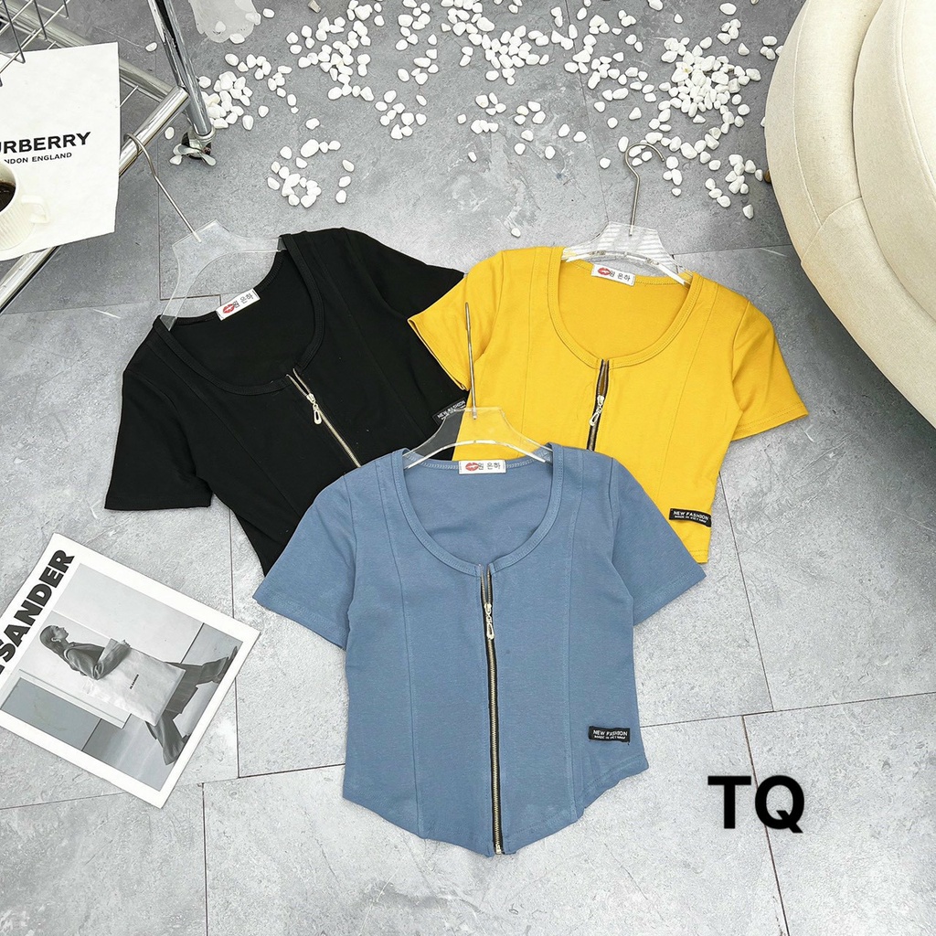 Áo thun cổ tròn khoá kéo ngực_áo kiểu sexy chất thun bozip mềm mịn | BigBuy360 - bigbuy360.vn