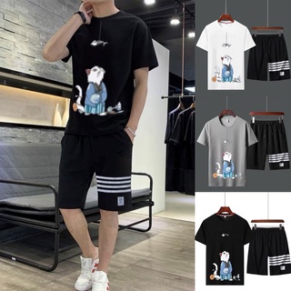 Set Bộ 2 Món Quần Shorts + Áo Thun Nam Chất Vải Thun CB2_MAT164TH_MSH001THDEF6 (Mèo Sư Phụ + 3 Kẻ Ngang)