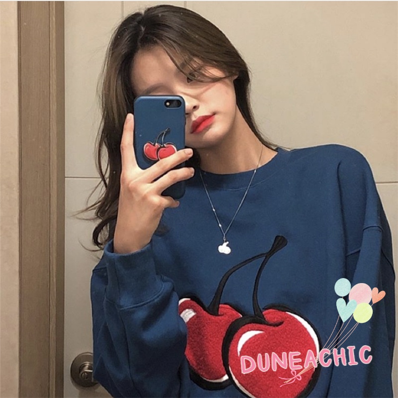 DUNEA Áo Sweater Thêu Hình Cherry Phong Cách Retro Xinh Xắn Cho Nữ