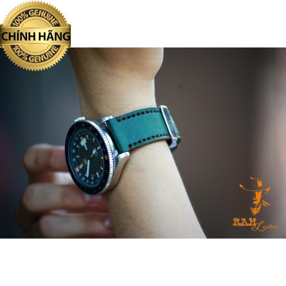 (TẶNG KHÓA + CÂY THAY DÂY + 2 CHỐT) DÂY ĐỒNG HỒ RAM GREEN - DA BÒ XANH LỤC MAY THỦ CÔNG .