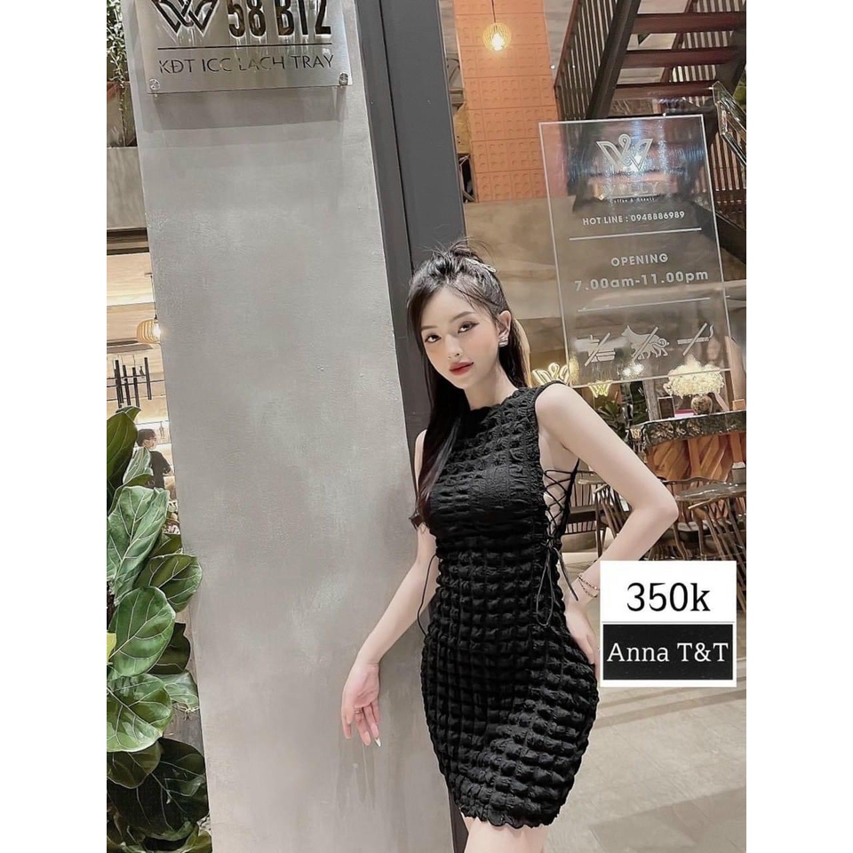 Đầm body bông xốp thắt dây eo tôn dáng