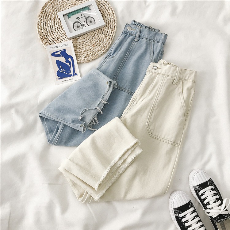 [sẵn xanh ]Quần Jeans mỏng ống suông phối lưng chun (9-15 ngày có hàng) | BigBuy360 - bigbuy360.vn