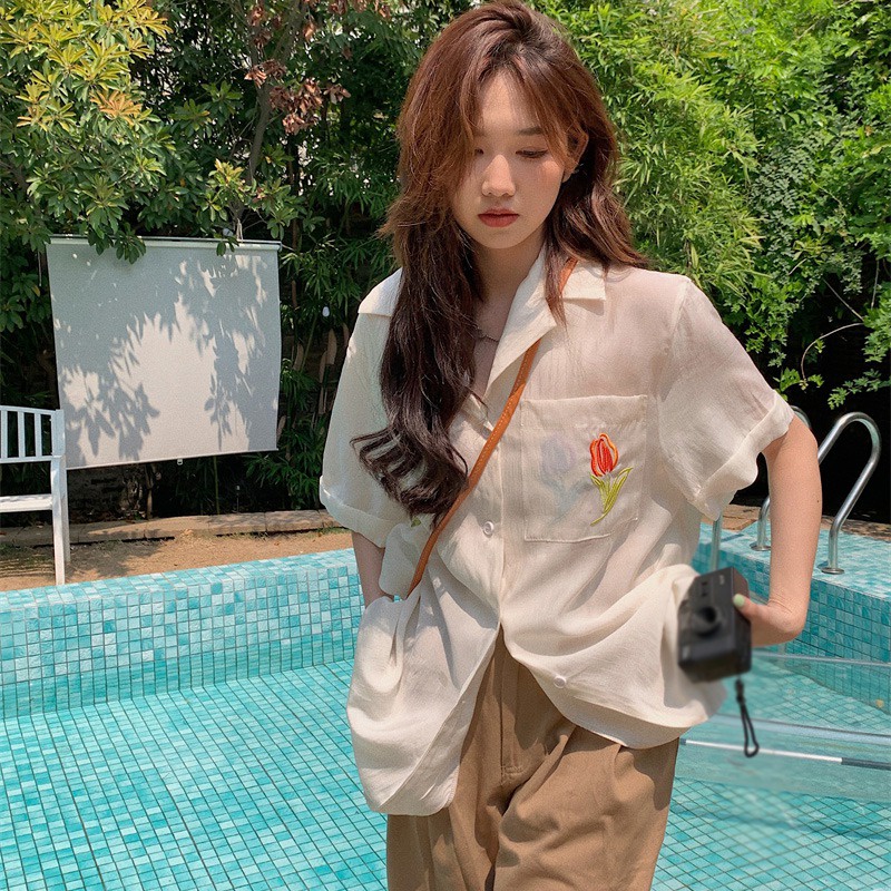 Áo Sơ Mi Ngắn Tay Dáng Rộng Thêu Hoa Hồng Phong Cách Retro Thời Trang Mùa Hè Dành Cho Nữ