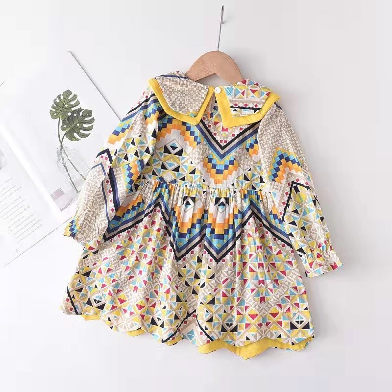 Váy be dài tay phối hoạ tiết thổ cẩm cho bé gái  N01095